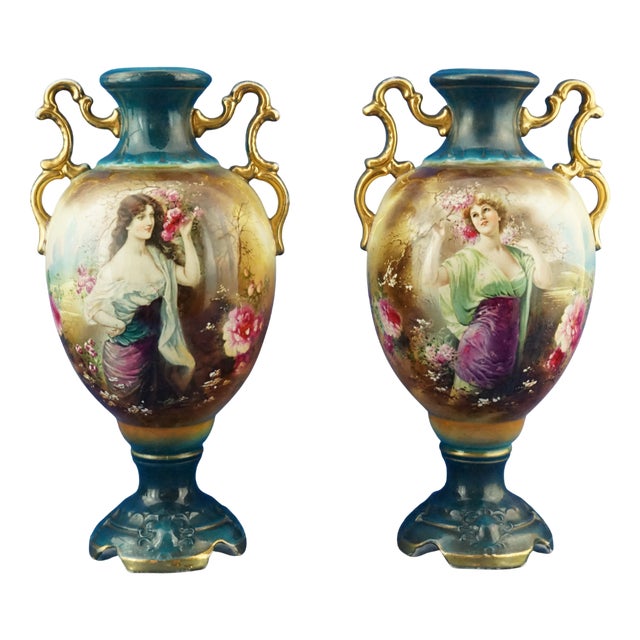 Antique English Ceramic Vases by Barbe for Royal Worcester, 1800s, Set of 2 For Sale