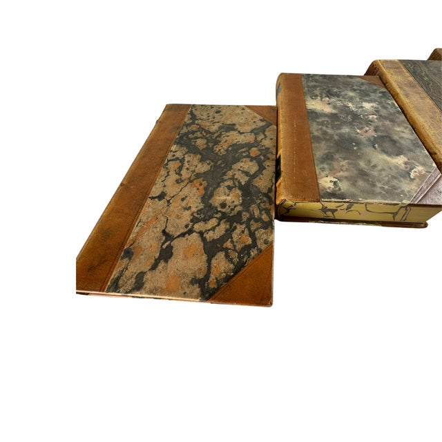 Farmhouse Antique Leather‑Bound Book Set • Swedish 1920s–1930s • Marbled Pages • Vintage Library Decor • Set of 4 For Sale - Image 3 of 8