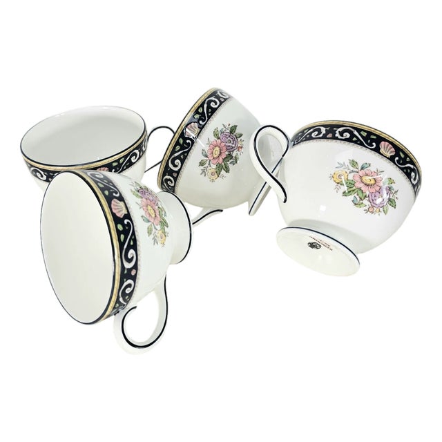 Vintage Wedgwood Runnymede Bone China Tea Cups, England Floral & Shell Motif Set of 4 For Sale