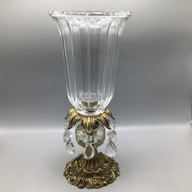 Mid-Century Modern Hurricane Candle Holder Brass Base and Crystal Bowl With Hanging Crystals For Sale - Image 3 of 12
