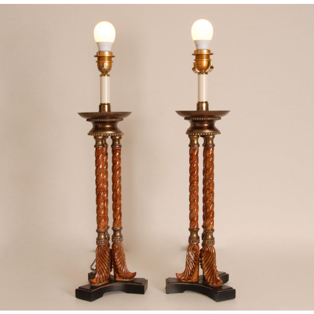 Textile Vintage Italian Lamps Neoclassical Column Lamps Turned Burl Wood Table Lamps - A Pair For Sale - Image 7 of 9