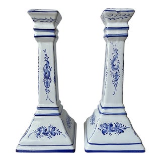 Vintage Hand-Painted Blue & White Faience Candle Holders-A Pair For Sale