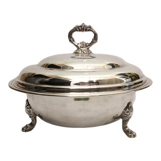 Vintage Silver Serving Dish – 3-Piece – Ornate Handle – Scrolled Legs – Pyrex Insert – 12" For Sale