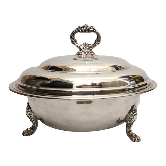 Vintage Silver Serving Dish – 3-Piece – Ornate Handle – Scrolled Legs – Pyrex Insert – 12" For Sale