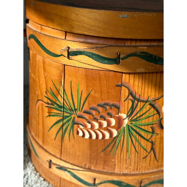 American Vintage Firkin Sugar Bucket Hand-Painted Pinecones For Sale - Image 3 of 7