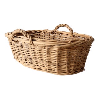 Vintage Wicker Gathering Basket With Handles For Sale