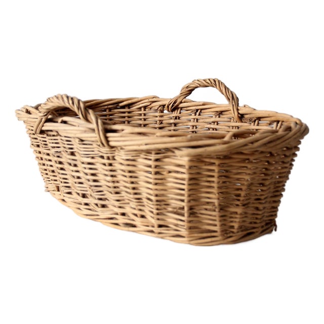 Vintage Wicker Gathering Basket With Handles For Sale
