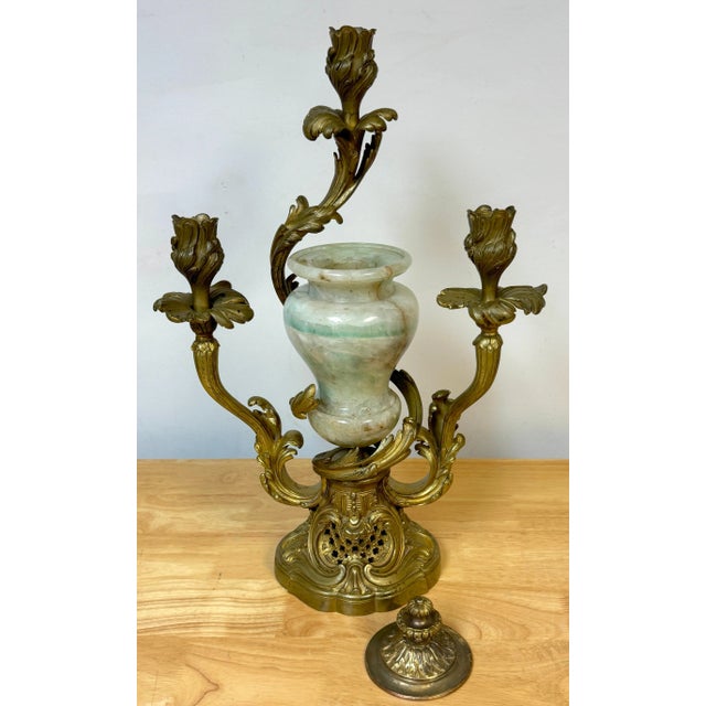 19th C. Louis XVI Style Ormolu 3 -Light Candelabra with Green Rock Crystal Urn For Sale - Image 12 of 12