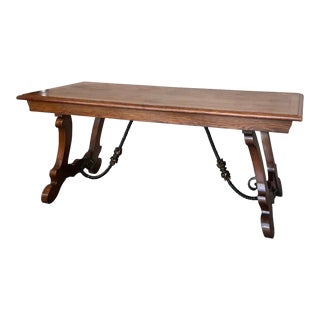 20th Century Spanish Oak Lyre Legs Trestle Dining Farm Table For Sale