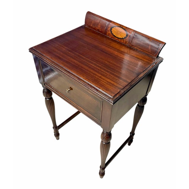 Mid-Century Modern Antique Mahogany Inlaid Writing Desk W/ Glass Top - Excellent Condition For Sale - Image 3 of 12