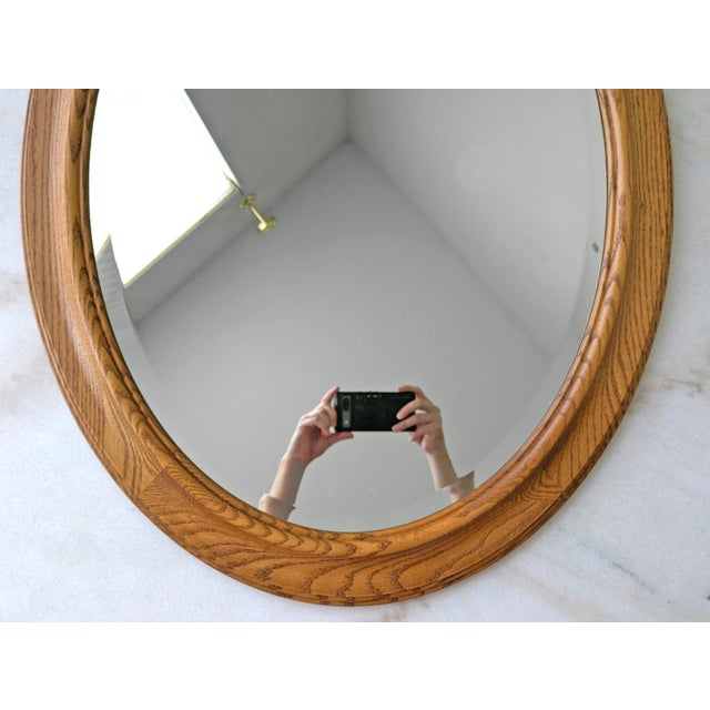 Large Solid Oak & Beveled Glass Oval Mirror For Sale - Image 4 of 5