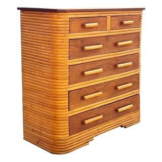 1930s Restored Art Deco 6 Drawer Stacked Rattan Highboy Dresser W/ Mahogany Top For Sale