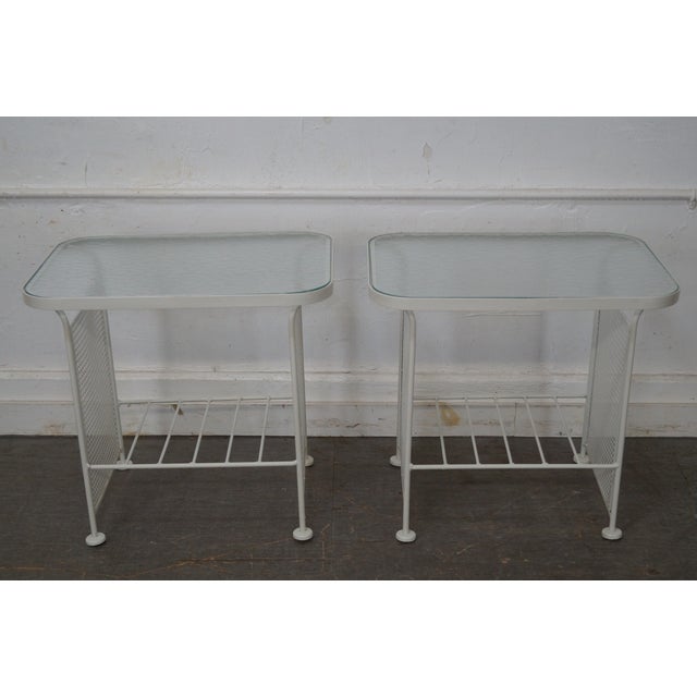 Vintage Woodard White Painted Metal Glass Top Patio Side Tables a