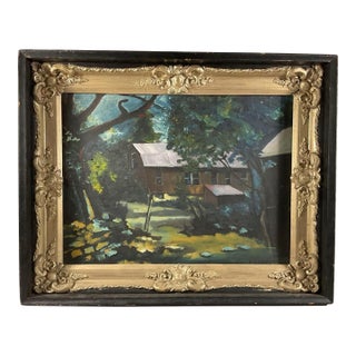 Vintage 1970s Pennsylvania Regional Impressionist Landscape Oil on Board Painting – Heavy Carved Wood Black & Gold Frame For Sale