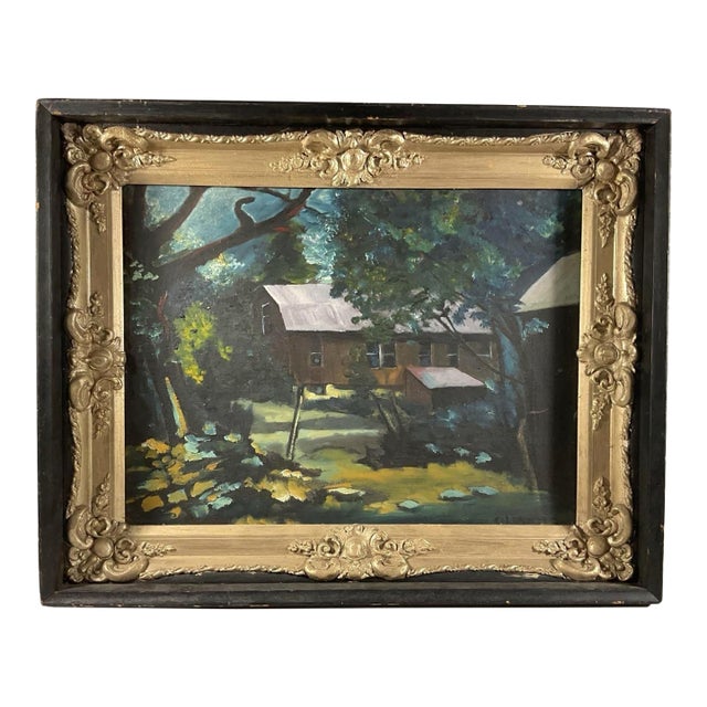 Vintage 1970s Pennsylvania Regional Impressionist Landscape Oil on Board Painting – Heavy Carved Wood Black & Gold Frame For Sale