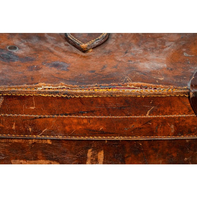 Timeworn Antique English Leather Cunard Label Case Box Home Decor Prop Storage For Sale - Image 16 of 17