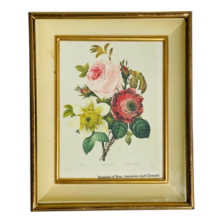 Mini Vintage P.F.Redoute Chromolithograph Rose, Anemones in Brass Frame For Sale