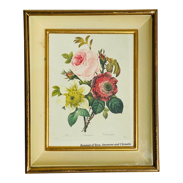 Mini Vintage P.F.Redoute Chromolithograph Rose, Anemones in Brass Frame For Sale