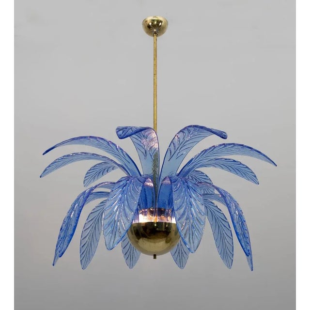 Mid-Century Modern Mid-Century Modern Palm Leaves Chandelier in Light Blue Murano Glass and Brass, 1970 For Sale - Image 3 of 9