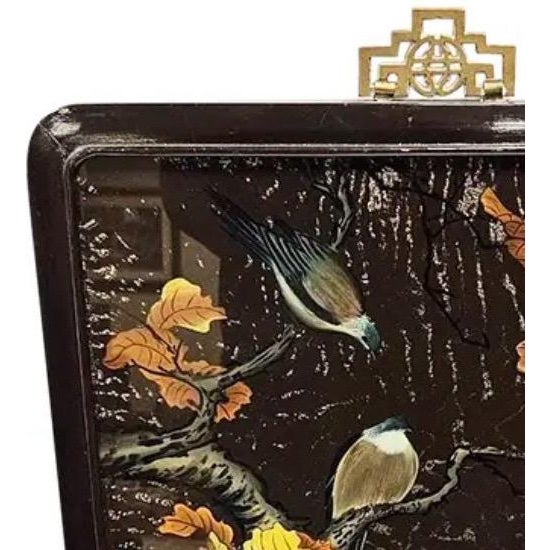 Large Vintage Chinoiserie Black Lacquer & Gold Bird Wall Plaque For Sale - Image 4 of 10