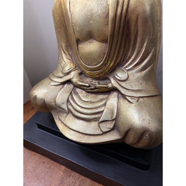 Ceramic Ceramic Gold Tone Sitting Buda Statue on Wood Base For Sale - Image 7 of 11