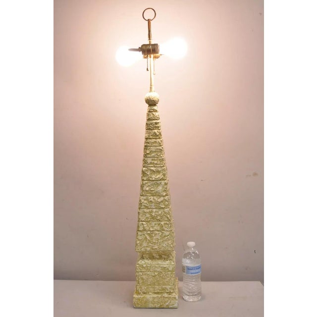 Vintage Italian Modern Hollywood Regency Tall Cast Plaster Obelisk Pyramid Table Lamp with Textured Finish. Circa Late...