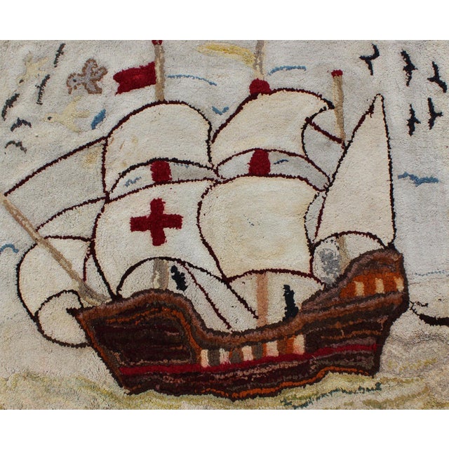 Pictorial Antique American Hooked Rug With Knights Templar Ship at the Sea Antique American Hooke 2'4"x2'11" For Sale - Image 4 of 8