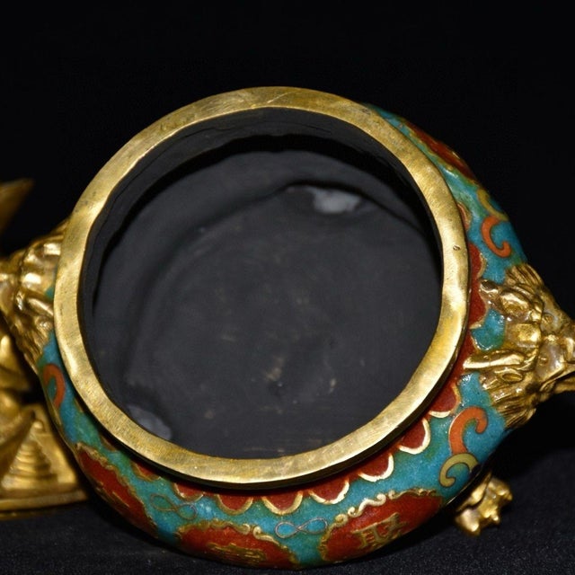 Chinoiserie Cloisonne Enamel Incense Burner, Gilded Yuanbao Lid & Dragon Handles, Chinoiserie Wealth Motif Censer For Sale - Image 3 of 9