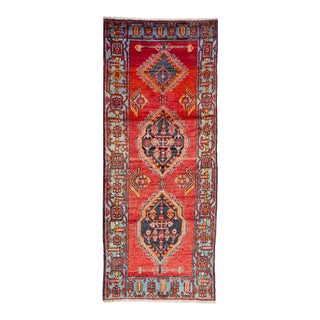 1960s Vintage Persian Heriz Red Handmade Medallion Wool Runner For Sale