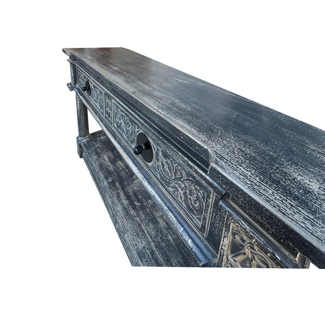 Wood Distressed Black Gray Relief Floral Motif Tall Credenza Console Cabinet For Sale - Image 7 of 9