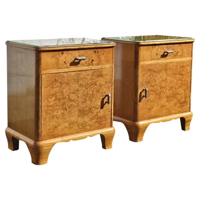 Vintage French Art Deco Nightstands in Burled Wood and Glass, 1930s, Set of 2 For Sale - Image 6 of 18