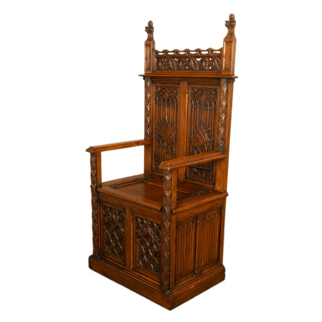 Antique 19thC French Carved Oak Gothic Revival Throne Storage Chair Seat 1880 For Sale - Image 4 of 13
