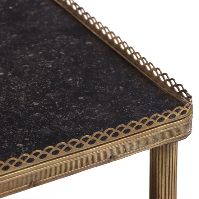 Art Deco A Pair of French Brass and Marble Two-Tier Tables, C. 1945. For Sale - Image 3 of 6