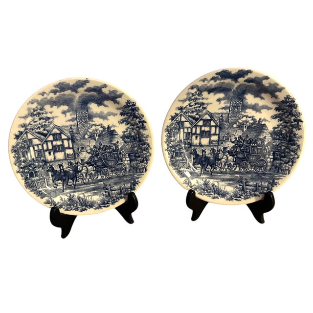 Vintage Blue and White Transferware Plates With Coaching Scene by Oxford Pottery - A Set of 4 For Sale - Image 12 of 12