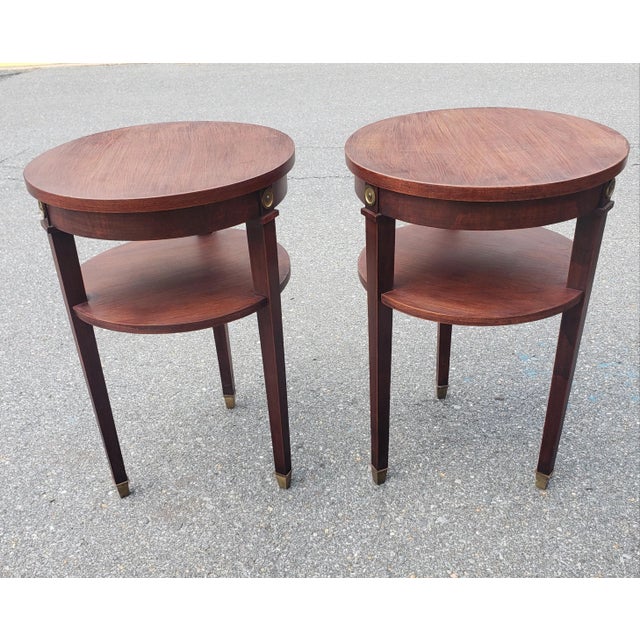 Mid-Century Modern 1950s Refinished Mahogany 2-Tier Round Candle Stands With Brass Capped Legs, Pair For Sale - Image 3 of 10