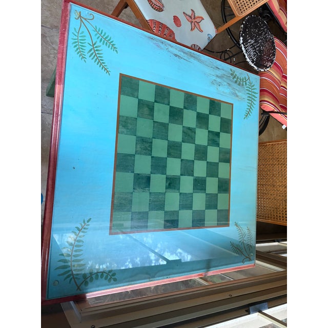 Hollywood Regency Vintage Mid-Century Leg-O-Matic Folding Game Table & 3 Cane Back Chairs Set (Mcm / Coastal Chess & Checkers) For Sale - Image 3 of 18