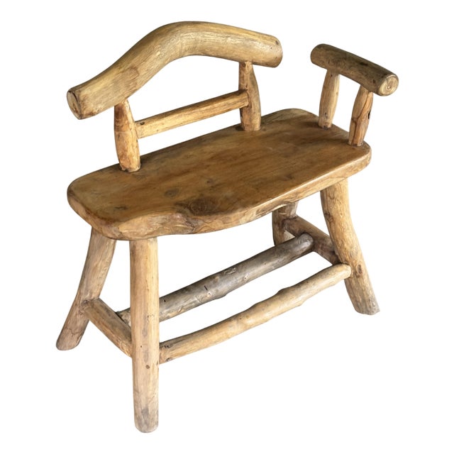 Small Vintage Bench with Backrest and Armrest in Light Asian Teak, 1990s For Sale