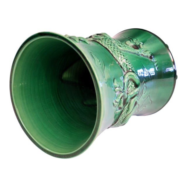 Japanese Antique Awaji Pottery Dragon Vase Brush Pot Green Japanese For Sale - Image 3 of 7