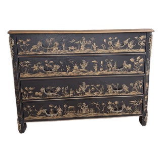 1990s Black Lacquer Vintage Chinoiserie Bombe Chest Feat Hand-Painted Gilt Asian Landscape Scenes For Sale