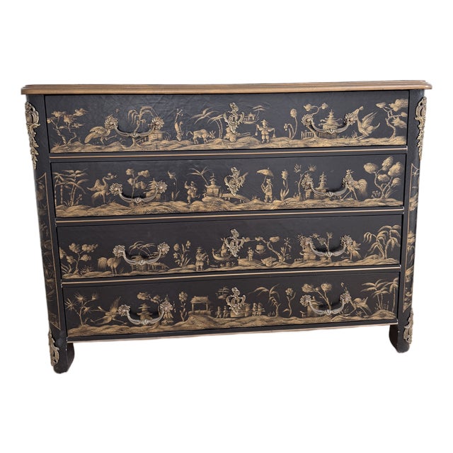 1990s Black Lacquer Vintage Chinoiserie Bombe Chest Feat Hand-Painted Gilt Asian Landscape Scenes For Sale