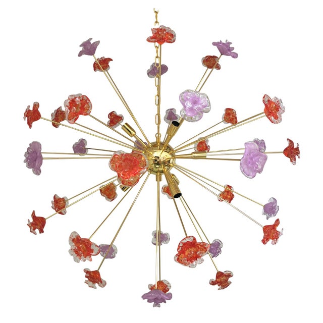 Murano Contemporary Red and Violet Flowers Murano Glass Sputnik Chandelier For Sale - Image 4 of 11