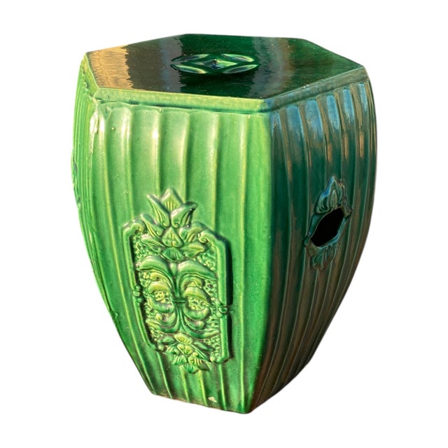 Chinese Garden Seat Celadon Ceramic Emerald Green Stool Antique Decor Large 16"h For Sale - Image 14 of 18