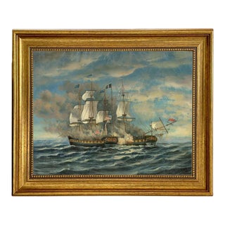 "Battle Between Uss Constitution and Hms Guerriere" Contemporary Nautical Canvas Reproduction Print, Framed 14.5 X 17.5 For Sale