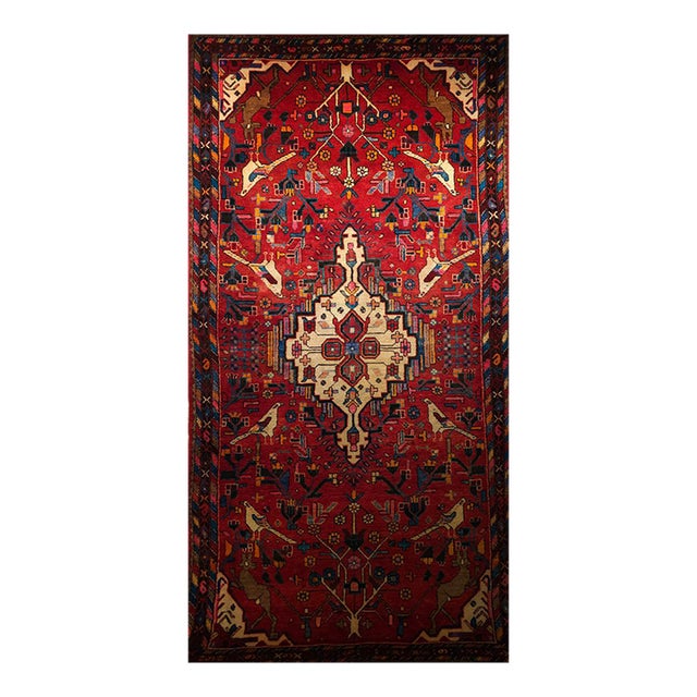 Vintage Persian Hamadan Gallery Area Rug, Hand-Knotted Wool, Tribal Bird Pattern, 6x10, Red & Navy For Sale