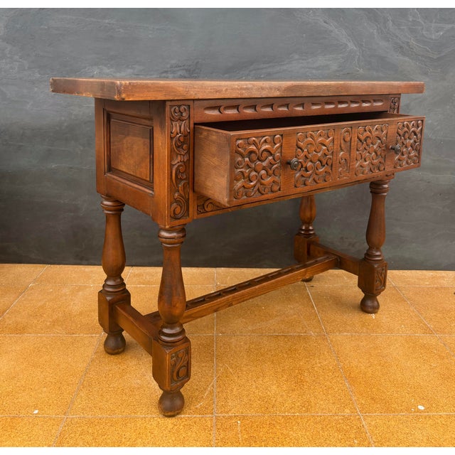 Brown Spanish Renaissance Low Console Table with Carved Front, 1920s For Sale - Image 8 of 11