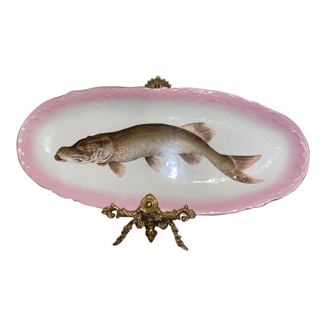 Antique Fish Platter ServeWare . Victorian Porcelain Fish Platter With a Hand-Painted Muskellunge, Circa 1891. 24.5” For Sale