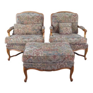 Vintage French Provincial Fauteuil Library Club Arm Accent Chairs & Ottoman - 3 Pieces For Sale