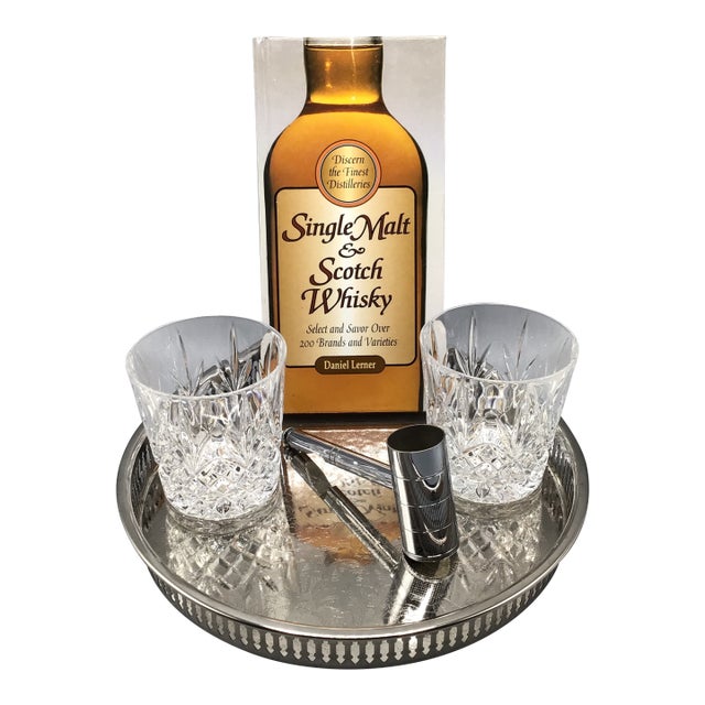 Leonard Round Silver Plated Serving Tray 2 French Double Old Fashion Glasses, Chrome Gavel Jigger Scotch Whiskey Book-Set of 5 For Sale