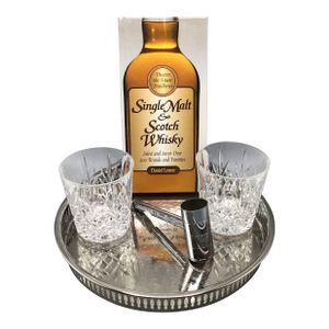 Leonard Round Silver Plated Serving Tray 2 French Double Old Fashion Glasses, Chrome Gavel Jigger Scotch Whiskey Book-Set of 5