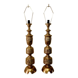Mid 20th Century James Mont Attributed Mid Century Asian Brass Tall Lamps Pair